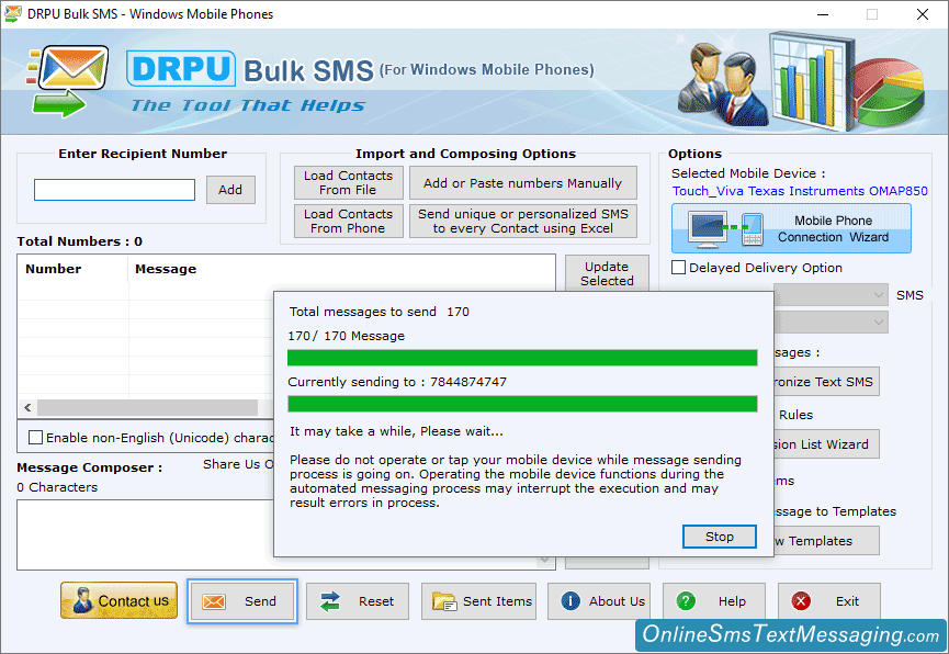 Displays current status of message sending process